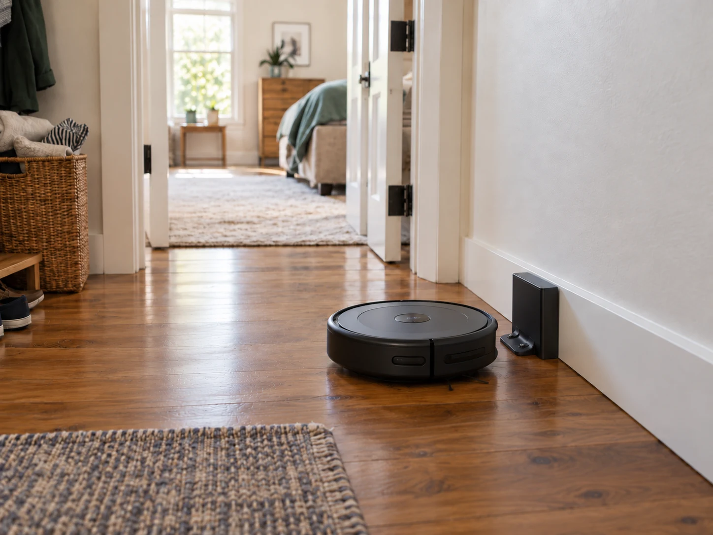 Robot vacuum beside its charging dock in a customer’s home